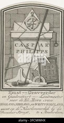 Business card of Caspar Jacobsz. Philips, print, visiting card, Business card of the artist Caspar Jacobsz. Philips, with his name on a wall, surrounded by various attributes symbolizing the arts., printmaker: Caspar Jacobsz. Philips, Amsterdam, 1752 - 1789, paper, etching, height 94 mm x width 53 mm, Philips, symbolic representations, allegories and emblems, art, 'Arte' (Ripa)., An engraved rectangular scene framed by a double-lined border shows a stone-like architectural plinth topped by a triangular pediment and a circular compass-like instrument mounted near the top; several drafting and s Stock Photo