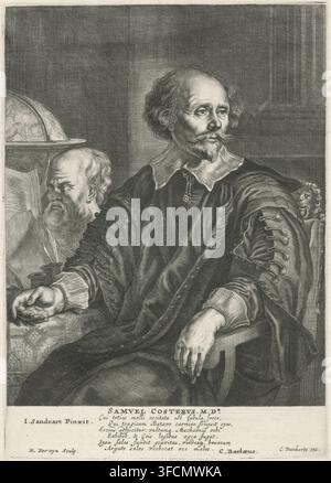Portrait of Samuel Coster, print, Portrait of the writer Samuel Coster, in his study. In the margin the name of the sitter and a six-line eulogy in Latin., printmaker: Reinier van Persijn, Northern Netherlands, after painting by Joachim von Sandrart (I), writer (clerical worker): Caspar van Baerle, publisher: Cornelis Danckerts, 1623 - 1668, writer (clerical worker), paper, engraving, height 280 mm x width 198 mm, Person, Samuel Coster, globe, writing tools., A detailed black-and-white engraving shows a seated man with wavy hair, a mustache and a pointed beard wearing a wide collar and ornate, Stock Photo