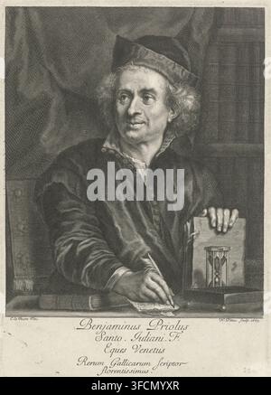 Portrait of Benjamin Priolo, print, Portrait of the Italian historian Benjamin Priolo. He sits in his study and writes on a piece of paper. In the margin a five-line caption in Latin., printmaker: Nicolas Pitau (I), Paris, after painting by Claude Lefèbvre, 1663, paper, engraving, height 227 mm x width 160 mm, Person, Benjamin Priolo, study, 'studiolo', library, hourglass, writing tools, book., A detailed black-and-white engraved portrait of a seated man wearing a cap and a dark, buttoned garment with a white collar visible; he has curly hair and a mustache and beard stubble, and he looks Stock Photo