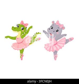 Cute cartoon ballerinas a funny little crocodile and a hippo dancing in pink tutus on a white background. Stock Vector