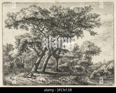 Two resting hunters, Landscapes, series A, print, On the left, a forest path is depicted with several buildings on either side. Along the path, two hunters with two dogs are resting. On the right, a river flows and a church tower can be seen in the distance to the right., printmaker: Anthonie Waterloo, Amsterdam (possibly), publisher: Justus Danckerts (possibly), publisher: Cornelis Danckerts (II), 1630 - 1663, 1630 - 1717, paper, etching, height 154 mm x width 206 mm, dog, forest path or lane, river, parts of church exterior and annexes: tower, hunter., A detailed black-and-white etched scene Stock Photo