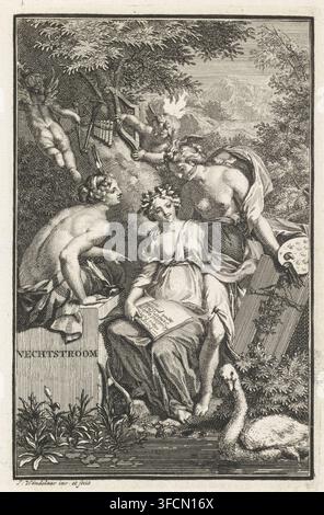 Fighting Nymph amidst temperance and painting, print, book illustration, On the bank of a body of water with a swan sits the Fighting Nymph with a Latin text on her lap. Behind her stands the personification of painting. To the left sits the personification of temperance by an inkwell with a quill. On her head a compass. Behind them two putti hover around a tree with musical instruments., printmaker: Jan Wandelaar, Northern Netherlands, 1741, paper, etching, engraving, etching and engraving, height 137 mm x width 88 mm., A detailed black and white engraving shows a wooded outdoor scene with a Stock Photo
