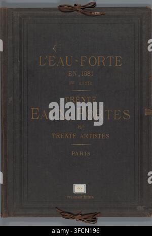 Cover for 28 prints with landscapes, cityscapes and figures and 4 text sheets, French etchings from 1881, L'eau-forte en 1881, wrapper, number: '302', publisher: widow Alfred Cadart, Paris, 1881, widow Alfred Cadart, publisher, pasteboard, paper, textile materials, ribbon, gold print, cover with cardboard boards covered with blue fabric with gold print, brown ribbons on the front and back covers as tie closure, white endpapers, height 537 mm x width 385 mm x thickness 34 mm x width 779 mm, landscapes, the soldier, the soldier's life, laundering, city-view, and landscape with man-made Stock Photo
