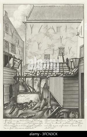 Image of a Bread Bakery on Vlooienburg, Burnt-out bakery on Vlooienburg, 1682, print, Ruin of a bakery on Vlooienburg in Amsterdam, caught fire and extinguished on April 13, 1682. With a caption of 4 lines in Dutch and 4 lines in French. Plate 20 in the reprint of the Brandspuitenboek by Jan van der Heyden from 1735., printmaker, Northern Netherlands, paper, etching, engraving, height 319 mm x width 205 mm, Person, Jan van der Heyden, fire-extinguishing equipment, Amsterdam, Vlooienburg, Period, 1682-04-13., A detailed black-and-white etching of a narrow courtyard bordered by tall buildings Stock Photo