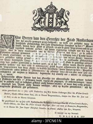 Storm on the IJ, the 3rd of July, 1788, Ordinance to illuminate on the birthday of the Princess of Orange, text sheet, Ordinance of the city of Amsterdam to illuminate on the birthday of the Princess of Orange on August 7, 1788. At the top a vignette with the coat of arms of Amsterdam., publisher: Pieter Hendrik Dronsberg, Amsterdam, grantor of privilege: City Council of Amsterdam, 1788-07-25, paper, letterpress printing, woodcut, text in letterpress with vignette in woodcut, height 420 mm x width 325 mm, Person, Wilhelmina of Prussia (1751-1820), Period, 1788-08-07., A large ornate crest Stock Photo
