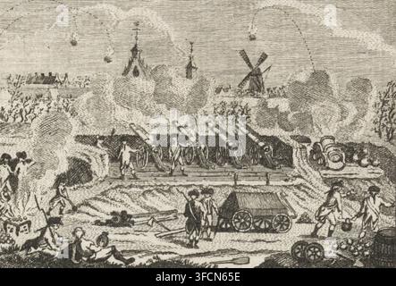 Siege of Willemstad 1793, Siege of Willemstad, 1793, print, Bombardment of Willemstad by the besieging French revolutionary troops, February 1793., printmaker, Northern Netherlands, paper, etching, height 63 mm x width 77 mm, bombardment, siege, Willemstad (North Brabant), Period, 1793-02., A detailed monochrome scene shows a landscape with a row of artillery pieces on wheels positioned on an elevated platform, several figures nearby handling the guns, and a cart with a covered top and large wheels in the foreground. Puffy clouds of smoke rise around the guns and drift across the sky, where a Stock Photo