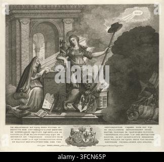 Explanation of an allegorical print in memory of the people of the Netherlands, Explanation of the print with the allegory on the preservation of liberty against the French enemy, 1793, text sheet, Text sheet with an explanation of the representation of the allegory on the preservation of liberty and religion in the Republic, thanks to the support of God and the Coalition troops, through the victory over the French troops in February 1793. Unfolded sheet with four sides numbered 1-4., publisher: Nicolaas Cornel (possibly), Rotterdam, 1794, paper, letterpress printing, text in letterpress, heig Stock Photo