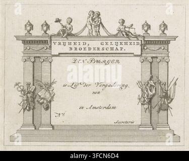 Membership certificate of district meeting, 1795, print, membership certificate, Pre-printed blank membership certificate of the meeting of the militia of a district in Amsterdam, 1795. Stone plaque with pilasters and weapon trophies., printmaker, Netherlands, paper, etching, engraving, etching and engraving, height 96 mm x width 120 mm, Person, Amsterdam, militia of, Batavian Revolution, Period., A symmetrical architectural engraving showing a classical entablature supported by two fluted columns on each side, with a stepped base beneath; atop the entablature sit decorative urns and a central Stock Photo