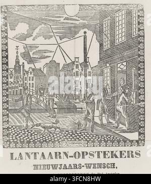 New Year's greeting from the lamplighters of Amsterdam for the year 1857, Lamplighters New Year's greeting, print, New Year's greeting, New Year's greeting from the Amsterdam lamplighters and fillers for the year 1857. View of a street in Amsterdam where several men are busy filling and lighting the street lamps. Another man is collecting money at a house. With a poem in two columns. From the lamplighter: J. Adams., printmaker: Jacob Coldewijn, Amsterdam, printer (person): widow C. Kok née Van Kolm, 1856 - 1857, printer (person), paper, letterpress printing, woodcut, text in letterpress with i Stock Photo
