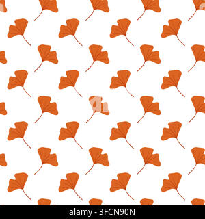 Seamless diagonal pattern of stylized orange ginkgo leaves with fan-like shapes and thin stems on a white background. Elegant autumn design perfect fo Stock Vector