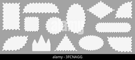 Pack of scalloped white postage frames isolated. Outline border template. Simple minimalist label text box. Blank scallop edge stamp mockup. Vector il Stock Vector