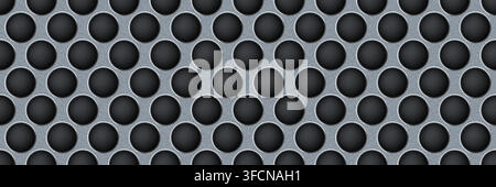 Titanium seamless perforated metal sheet realistic texture. Metal chrome grill plate with round holes. Modern design carbon radiator bg. Macro speaker Stock Vector