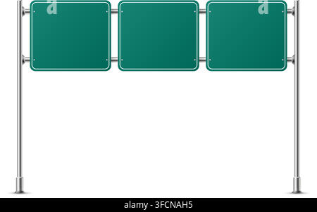Realistic green rectangular traffic sign on metal steel pole isolated. Green road panel mockup - direction highway, board traffic, city board location Stock Vector