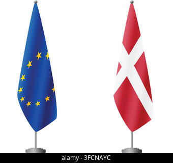 European Union and Denmark flags on flagpoles for official ceremonies and meetings, transparent background vector Stock Vector
