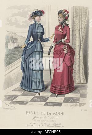 Revue de la Mode, Gazette de la Famille, Sunday, April 8, 1883, 12th year, No. 588: Mme Marcad's Toilettes, fashion print, Two women on a terrace, in dresses by Marcad. Left: dress of blue satin and wool. Bodice fastened in the center front with a metal buckle. Straw hat decorated with velvet and a large feather on the left side. Right: 'toilette' of plain pink wool and brocaded fabric. Hood of black lace decorated with roses. The two hats are by Gellée. Caption: a line of advertising text for various products. Print from the fashion magazine Revue de la Mode (1872-1913). Detailed description Stock Photo