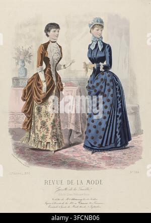 Revue de la Mode, Gazette de la Famille, Sunday, March 11, 1883, 12th year, No. 584: Mme Delannoy's Toilettes, fashion print, Two women in an interior, in Delannoy dresses. Left: dinner and reception dress of plain velvet and 'velours de Gênes'. Half-length sleeves with lace cuffs. Right: visiting dress of blue broadcloth and velvet. Tablier with side pleats and embroidered with silk pompons. Caption with a few lines of advertising text for various products. Print from the fashion magazine Revue de la Mode (1872-1913). Detailed description of the clothing on page 77 'PLANCHE COLORIÉE'., captio Stock Photo