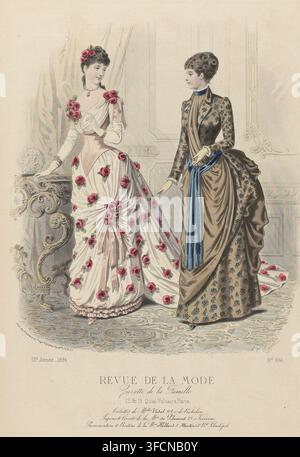 Revue de la Mode, Gazette de la Famille, Sunday, April 13, 1884, 13th year, No. 641: Toilettes de M.elles Vidal, fashion print, Two women in an interior, in dresses by Vidal. Left: ball gown of plain light pink silk and 'gaze de soie' studded with large roses. Skirt with train, draped at the side with tied ribbons and a rose corsage. Long gloves of white suede. Right: dress of silk or plain and embroidered wool. Belt of blue silk. With a few lines of advertising text for various products. Print from the fashion magazine Revue de la Mode (1872-1913). Detailed description of the clothing on page Stock Photo