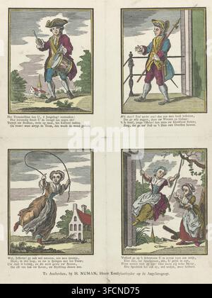 Children's games, print, popular print, Sheet with 4 depictions of children playing, including a boy playing a drummer, a boy playing a soldier, a girl jumping rope, and two girls swinging. Below each image a four-line verse., printmaker: Hendrik Numan, Amsterdam, printmaker: Hermanus Numan, publisher: Hendrik Numan, publisher: Hermanus Numan, 1760 - 1788, Hendrik Numan, Hermanus Numan, paper, woodcut, colour, letterpress printing, woodcut colored in yellow, red, blue, green, pink, brown and grey and orange, text in letterpress, height 413 mm x width 312 mm, children's games and plays, child, Stock Photo