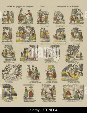 Pictures and jokes of youth, Espiegleries de la jeunesse, print, popular print, Sheet with 22 illustrations of children's games, including kite flying, bubble blowing, playing soldiers, and rocking horse riding. Under each image a caption in Dutch and in French. Numbered center top: N. 69., publisher: Franciscus Antonius Beersmans, Turnhout, Europe, 1866 - 1902, Franciscus Antonius Beersmans, publisher, printmaker, paper, woodcut, colour, letterpress printing, woodcut colored in yellow, green and red, text in letterpress, height 425 mm x width 325 mm, (flying a) kite, children's games and Stock Photo