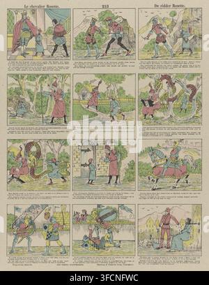 The Knight Rosette, print, popular print, Sheet with 12 illustrations from the story of the knight Rosette. Below each image a caption in Dutch and in French. Numbered center top: 253., publisher: Brepols & Dierckx zoon, Turnhout, 1833 - 1911, printmaker, paper, color lithography, letterpress printing, color lithography in yellow, blue and pink, text in letterpress, height 384 mm x width 315 mm, knight, dragon, tales and fairy tales., A full-page illustrated comic strip rendered in muted pastel colors with a grid of panels showing characters in medieval clothing and armor in outdoor and indoor Stock Photo