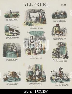 Miscellaneous, Meijer's prints, print, popular print, Series number, 44, 96, Sheet with 11 illustrations of various kinds, including illustrations of animals, children eating fruit, and Kees giving a dog a treat. Below each image a two-line verse. Numbered top right: No. 44., publisher: De Ruyter & Meijer, Amsterdam, printmaker: Ludwig Gustav Voltz, 1874, De Ruyter & Meijer, Ludwig Gustav Voltz, publisher, printmaker, paper, lithography, colour, letterpress printing, lithography colored in yellow, green, orange and red, text in letterpress, height 422 mm x width 336 mm, child playing with anim Stock Photo