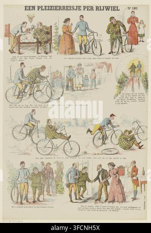 A pleasure trip by bicycle, print, popular print, Sheet with 9 illustrations of the two friends Jeph and Leopold going for a bike ride together. A caption under each image. Numbered top right: No 181., publisher: Gordinne, Liège, 1894 - 1959, printmaker, paper, color lithography, letterpress printing, color lithography in yellow, green, blue, orange and red, text in letterpress, height 399 mm x width 270 mm, bicycle, riding, cycling (recreation)., A tall vertical illustration printed on a light background shows a sequence of colored vignettes featuring two men with bicycles and several other f Stock Photo