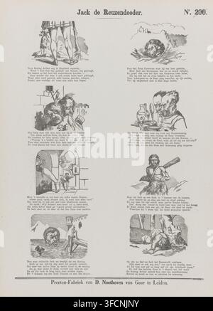 Jack the Giant Slayer, print, popular print, Series number, 200, 214, Sheet with 8 illustrations from the fairy tale of Jack the Giant Slayer. Below each illustration a six-line verse. Numbered top right: No. 200., publisher: Dirk Noothoven van Goor, Leiden, Netherlands, 1850 - 1881, printmaker, paper, wood engraving, letterpress printing, wood engraving and text in letterpress, height 423 mm x width 308 mm, tales and fairy tales, giants, colossi., A vertical page with a light background showing a series of black ink illustrations arranged in two columns, each illustration paired with blocks o Stock Photo