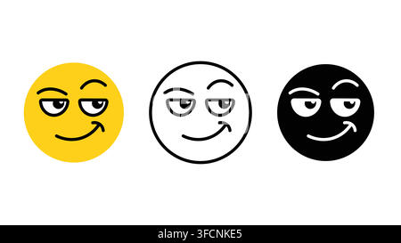 Smirking face emoji emotion icon set outline silhouette and color vector isolated on white background Stock Vector