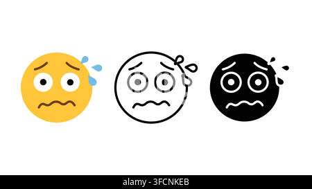 Anxious worried face emoji emotion icon set outline silhouette and color vector isolated on white background Stock Vector