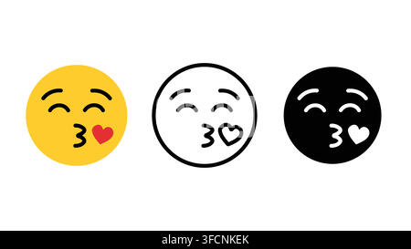 Kiss face emoji love icon set outline silhouette and color vector isolated on white background Stock Vector