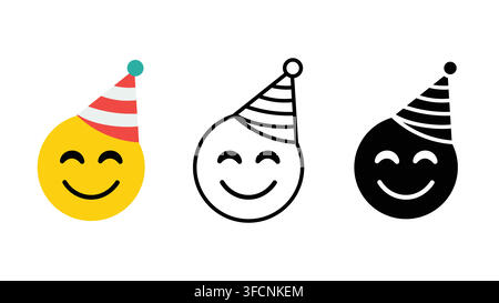 Party hat smile emoji celebration icon set outline silhouette and color vector isolated on white background Stock Vector