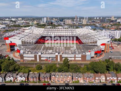 Old Trafford football stadium, Manchester, England, aerial view of the home ground of Manchester United Football Club. Stock Photo