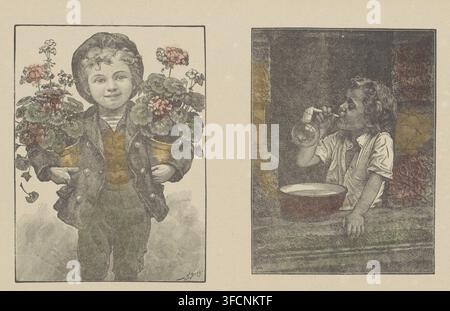 Children's scenes, Zalmans prints, print, popular print, Sheet with 3 scenes with children. A caption under each image. Numbered top left: No. 72., publisher: Gerhardus Philippus Zalsman, Kampen, editor (person who revises): Isaac Koolsbergen, Netherlands, printmaker: unknown, Europe, 1869 - 1882, Gerhardus Philippus Zalsman, Isaac Koolsbergen, unknown, publisher, editor (person who revises), printmaker, paper, wood engraving, colour, letterpress printing, wood engraving colored in yellow, green and red, text in letterpress, height 342 mm x width 431 mm, children's games and plays, child, Stock Photo