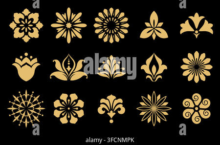 Vector floral set. Spring or summer design for invitation, wedding or greeting cards. Design elements in graphic style. Gold and black ornament Stock Vector