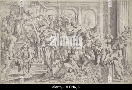 Saint Roch distributing his riches among the poor, print, In a courtyard, Saint Roch stands on a raised platform on the left. He gives coins to a crowd standing before him. In the middle, a man with a violin and on the left, a sick person lying on a cart., inscription: '6, 1. - 33.', printmaker: attributed to Guido Reni, Italy, printmaker: attributed to Francesco Brizio, after design by Annibale Carracci, publisher: Pietro Stefanoni, grantor of privilege: Paulus V, Vatican City, 1610, Attributed to, paper, etching, engraving, intaglio printmaking technique, etching and engraving with plate Stock Photo