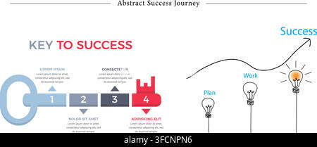 Vector illustration set of business success concepts including key to success step infographic process and light bulb ideas growing toward goal. Stock Vector
