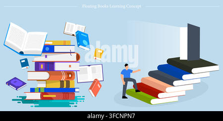 Vector illustration set of education and learning concepts including stack of floating books and student climbing book staircase toward open door. Stock Vector