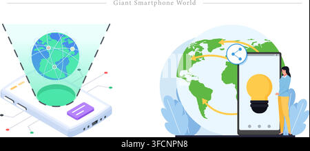Vector illustration set of giant smartphone world concepts including 3D globe hologram projection, mobile network sharing, and global communication. Stock Vector