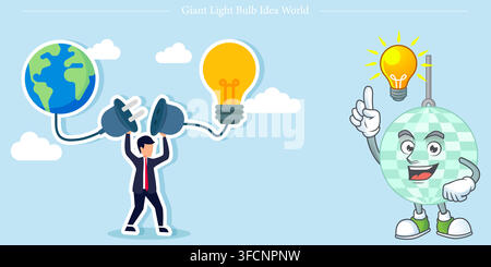 Vector illustration set of global idea concepts including businessman connecting world to light bulb and disco ball character with bright idea bulb. Stock Vector