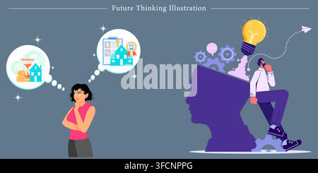 Vector illustration set of future thinking concepts including financial planning, visioning home ownership, creative ideas, and mind innovation. Stock Vector