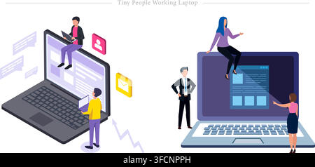 Vector illustration set of tiny business people working on giant laptops including remote work, software development, web design, and digital team Stock Vector