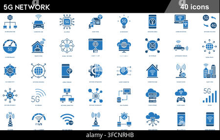 Vector solid icon set of 5G network concepts including high speed internet, smart home, connected cars, cell towers, and cloud computing. Stock Vector