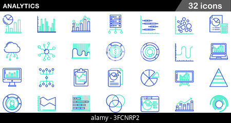 Vector line icon set of data analytics and statistics concepts including pie charts, bar graphs, server data, area charts, and report diagrams. Stock Vector