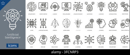 Vector line icon set of artificial intelligence concepts including machine learning, neural networks, robotics, AI brain, and smart tech symbols. Stock Vector