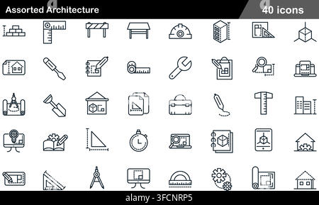 Vector line icon set of architecture and building construction concepts including blueprints, drafting tools, safety gear, and 3D modeling symbols. Stock Vector