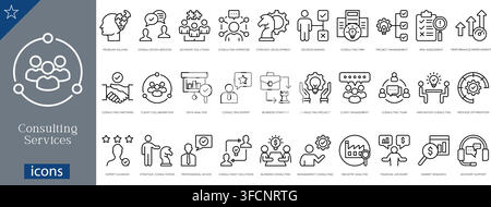 Vector line icon set of consulting services and business strategy concepts including problem solving, decision making, data analysis, and advisory. Stock Vector