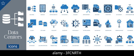 Vector solid icon set of data center and cloud computing concepts including server racks, network security, data backup, and database storage. Stock Vector