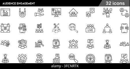 Vector line icon set of audience engagement concepts including customer reach, social feedback, live stream, target group, and marketing interaction. Stock Vector
