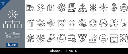 Vector line icon set of business management and corporate concepts including trade, enterprise, industry, portfolio, commerce, and financial strategy. Stock Vector