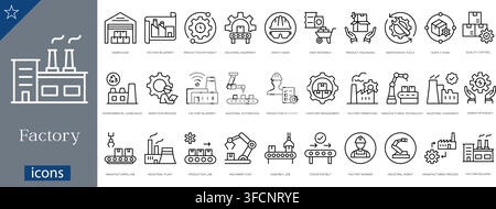 Vector line icon set of factory and industrial manufacturing concepts including assembly line, robotic arm, warehouse, supply chain, and production. Stock Vector